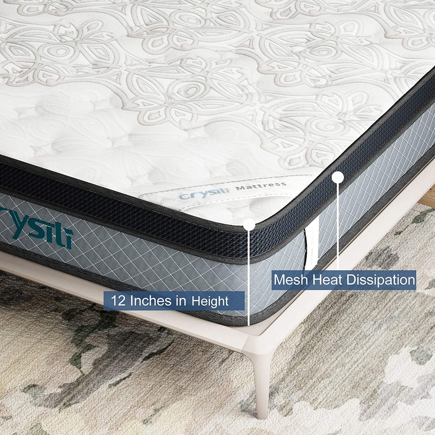 12 Full Size Memory Foam Hybrid Mattress Crystli Pocket Innerspring Mattresses in a Box with Pressure Relief Edge Supportive 100-Night Trial 10-Year Support