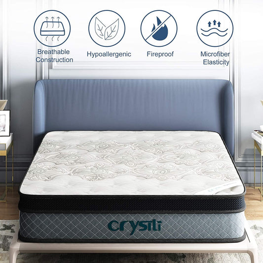 12 Full Size Memory Foam Hybrid Mattress Crystli Pocket Innerspring Mattresses in a Box with Pressure Relief Edge Supportive 100-Night Trial 10-Year Support