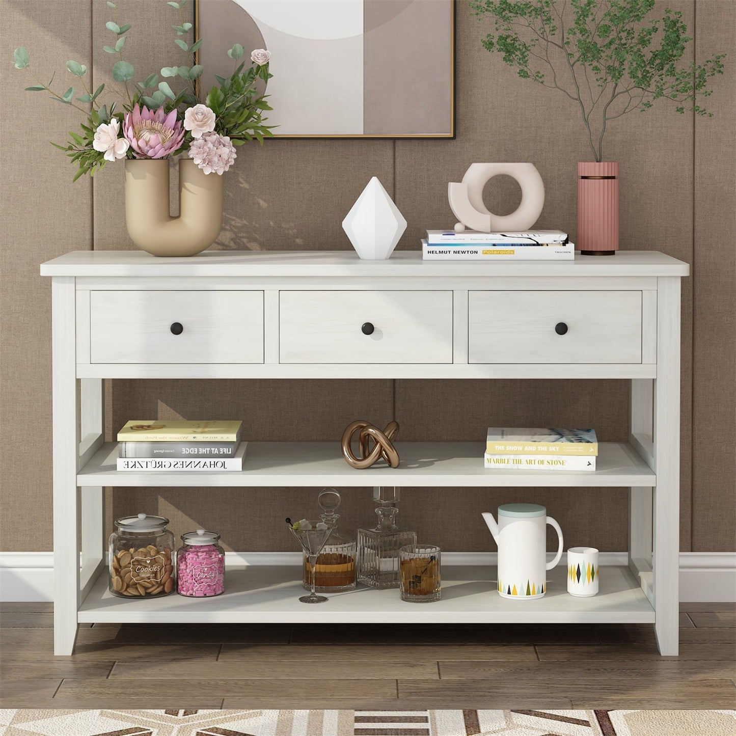 47 Console Table with 3 Drawers and 2 Open Shelves. Modern Sofa Table with Wood Frame and Legs. Entryway Table for Living Room Kitchen. Wash Gray