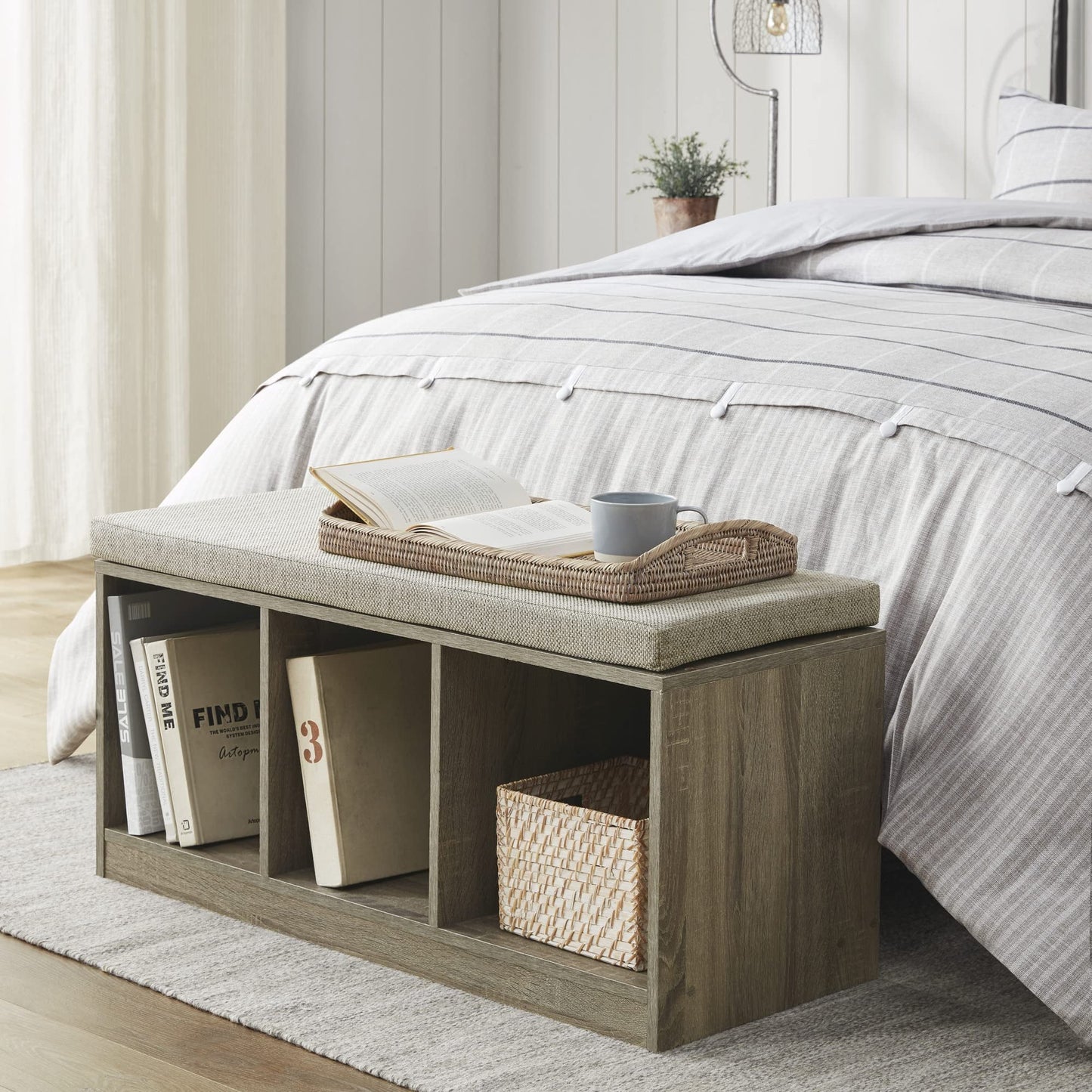 510 Design 3-Cube Storage Bench with Upholstered Seat Cushion. Gray Wood