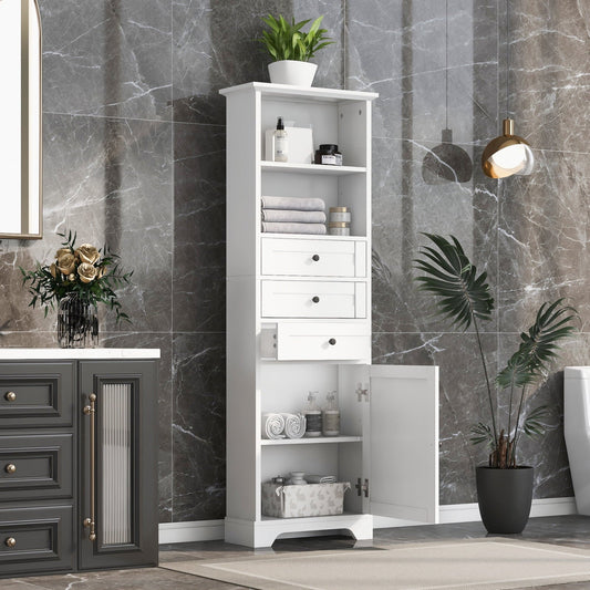 68 Tall Storage Cabinet with 3 Drawers and Adjustable Shelves. Pantry Cupboard. Freestanding Bathroom Cabinet. Organizer Display Cabinet. for Bathroom. Kitchen. White