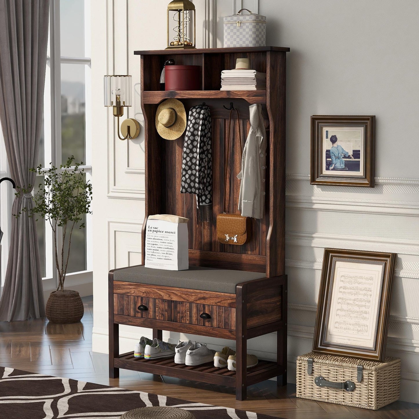 69 Farmhouse Entryway Bench with Coat Rack. Hall Tree with Bench and Shoe Storage. Mudroom Bench with Shoe Storage and Hooks for Entrance. Hallway (White)