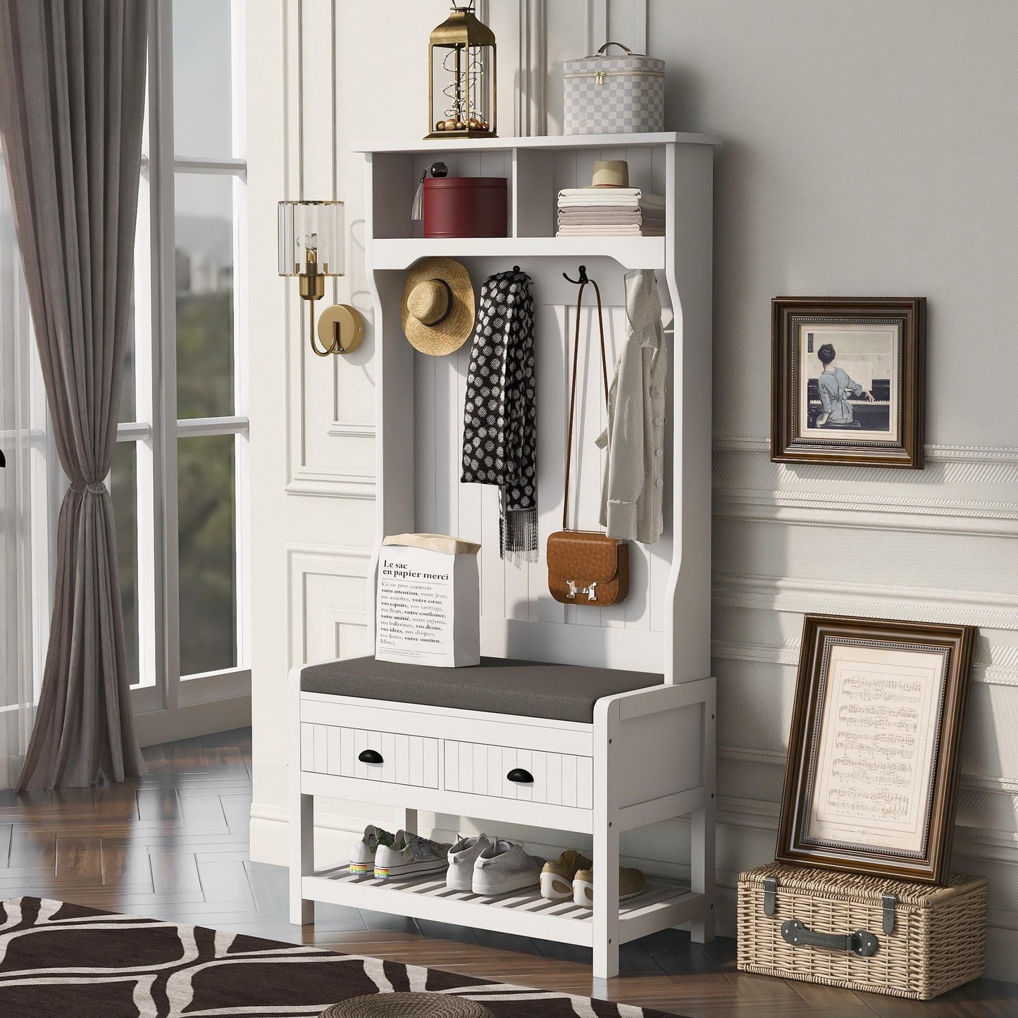 69 Farmhouse Entryway Bench with Coat Rack. Hall Tree with Bench and Shoe Storage. Mudroom Bench with Shoe Storage and Hooks for Entrance. Hallway (White)